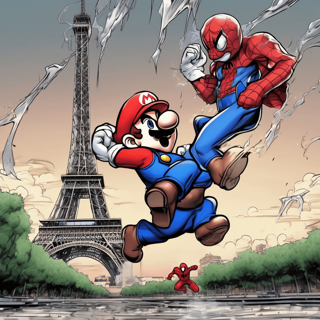 Mario fights spider-man under the Eiffel Tower