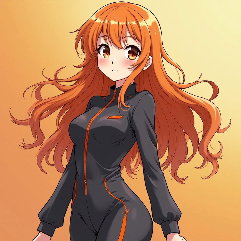 Create a vibrant and joyful female anime character, with a predominance of dark gray #090909 and warm orange #ff6f00 hues, featuring bright orange #ff6f00 long hair that falls in loose, flowing waves down her back, framing her round, cheerful face with a gentle smile, bright brown eyes, and soft, smooth skin with a subtle golden undertone, dressed in a sleek, modern outfit that incorporates both dominant colors, with dynamic folds and creases that convey a sense of movement and energy, set against a subtle, gradient background that shifts from dark gray to a warm, creamy orange, evoking a sense of warmth and optimism. SEX POSE