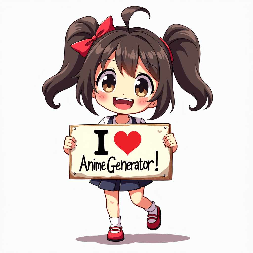 a small girl with a big grin, confident, on their toes, holding a sign that says "I Love AI Anime Generator!" illustration