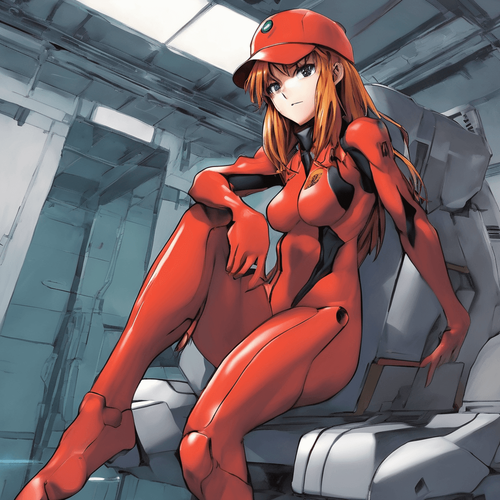 1girl, souryuu asuka langley, neon genesis evangelion, plugsuit, pilot suit, red bodysuit, sitting, crossing legs, black eye patch, cat hat, throne, symmetrical, looking down, from bottom, looking at viewer, outdoors