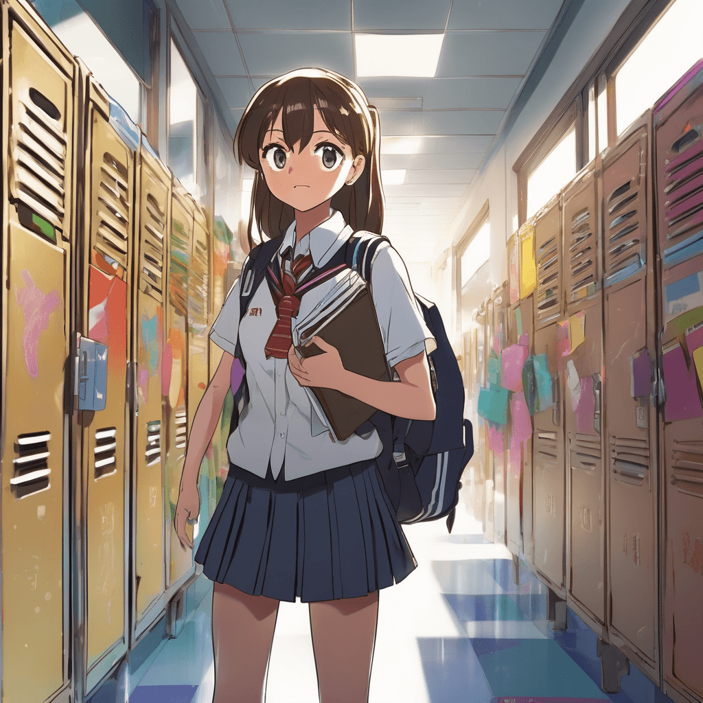 A spirited high school girl standing in a bustling school hallway, her uniform pristine and her backpack slung over one shoulder. She holds a stack of colorful textbooks, her eyes sparkling with determination and curiosity. Around her, lockers are adorned with posters and personal decorations, while other students chat and move about. The sunlight streams through the large windows, casting a warm glow on her confident expression, as if she's ready to take on any challenge the day brings.