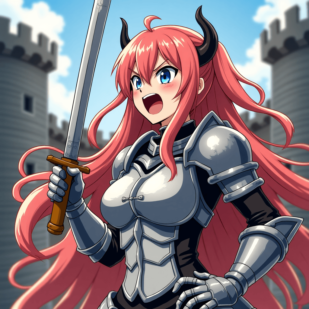 Megurine Luka, screaming, angry, side view, vocaloid, anime style, light armor, training with sword, castle, training dummy, anime slash effects, 