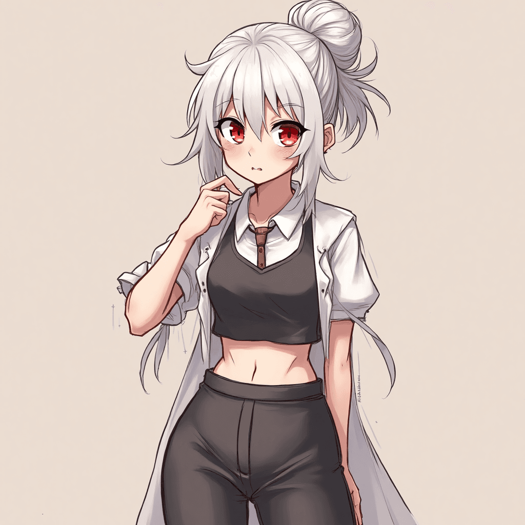 1girl,skinny waist,white hair,tired,tall,mid 20s,red eye,messy bun hair
