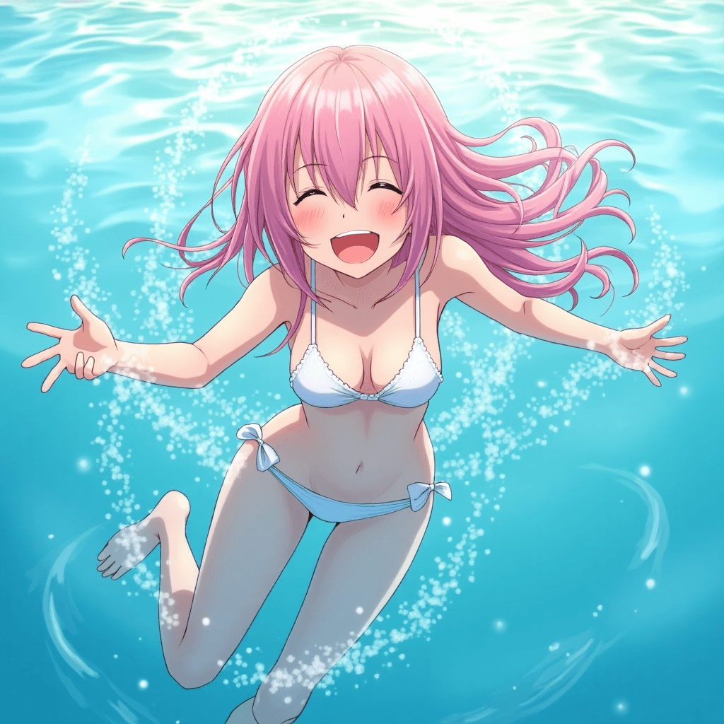 Megurine Luka, vocaloid, view from below, anime style, still sea, laughing, water splashes, pink hair, bikini, sunlight