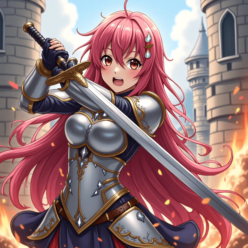 Megurine Luka, vocaloid, anime style, light armor, training with sword, castle, training dummy, anime slash effects, furious