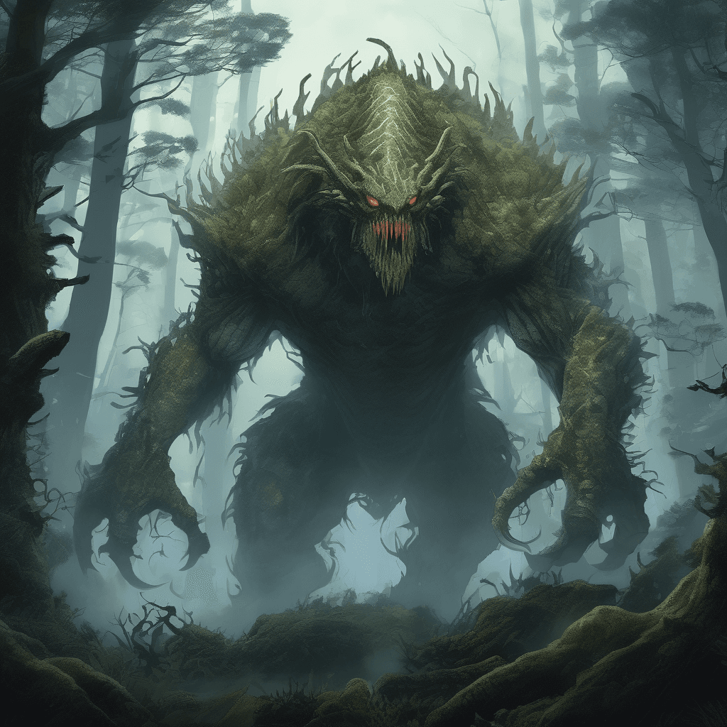 A colossal, ancient monster emerges from the depths of a misty forest at twilight. Its body is covered in rugged, moss-covered scales, and its eyes glow with an eerie, otherworldly light. Towering trees bend and break under its massive, clawed feet as it moves. The creature has multiple limbs, each ending in razor-sharp talons, and its long, serpentine tail leaves a trail of destruction in its wake. The sky above is dark and stormy, with flashes of lightning illuminating the monstrous figure. The scene evokes a sense of primal fear and awe, as the beast roars into the gathering night.