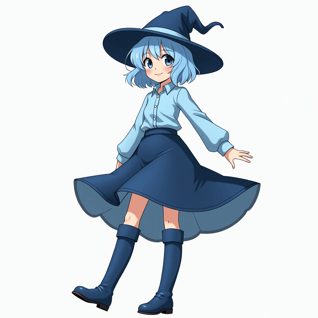 a 16 year old girl blue shirt with a super short dark blue skirt, long blue boots, and she's got this amazing light blue hair under a top magician hat. smiling