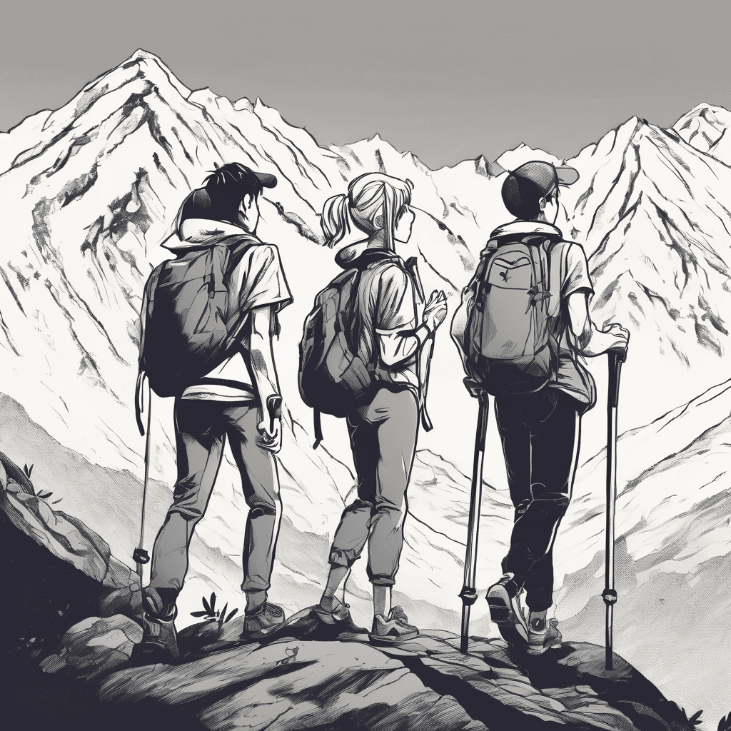 A group of friends hiking in the mountains.