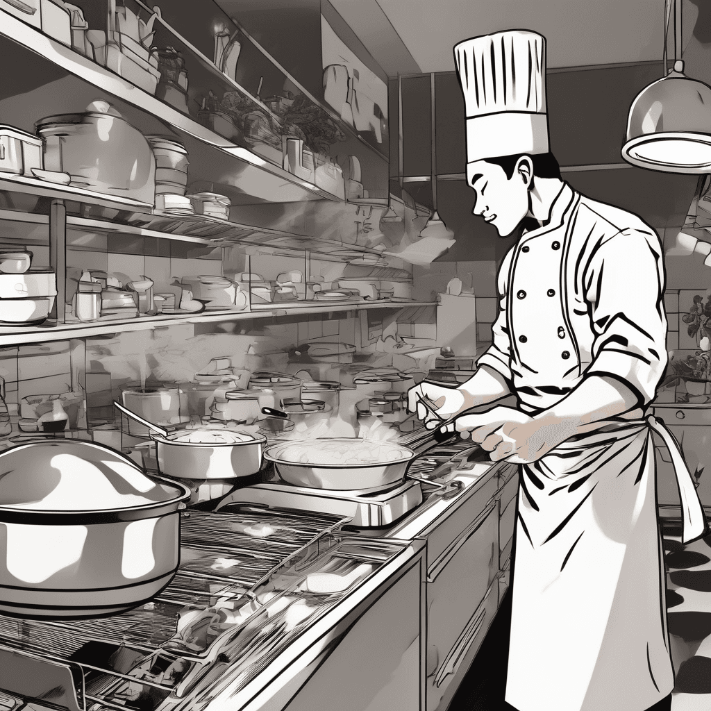 A chef cooking in a bustling kitchen.