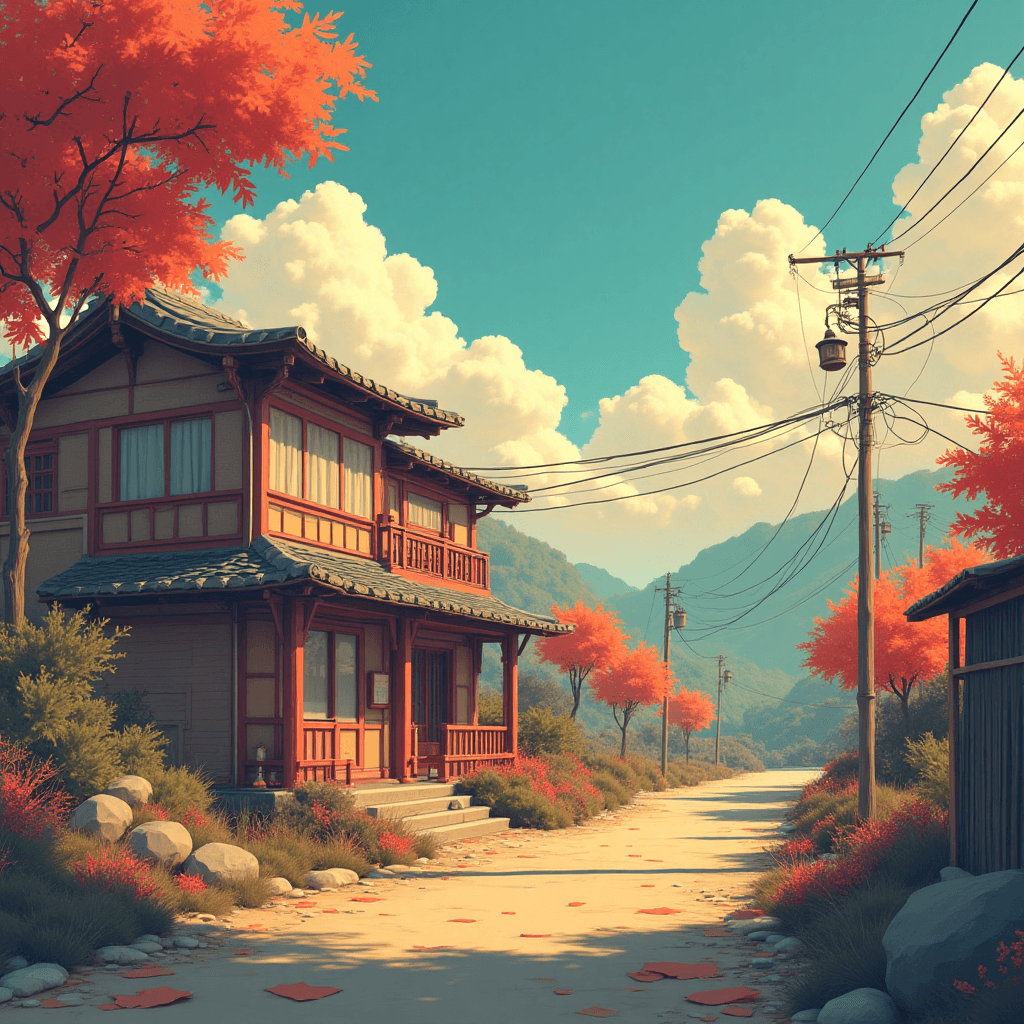 hallucination in a dreamlike scene, Akira and Paprika movie reference. Masterpiece, Top Quality, (Animation: 1.4), Landscape, Simplified stylized structure, Katsuhiro Otomo inspiration, Akira aesthetic, Rich light and shadow, Calm colors, Casual game style, Warm tones, Pixar and Disney influence, 3D Blender, HDR, C4D, 8KHD, still frames from modern anime films, grand vibrant compositions, dynamic and vivid compositions like Hiroyuki Imaishi, detailed backgrounds and lighting by Makoto Shinkai, Ukiyo-e inspired depth and atmospheric color schemes, dynamic perspective, detailed environmental textures, atmospheric effects, vibrant andand balanced color palette, and Hiroyuki Imaishi's signature kinetic energy and bold stylistic choices.
