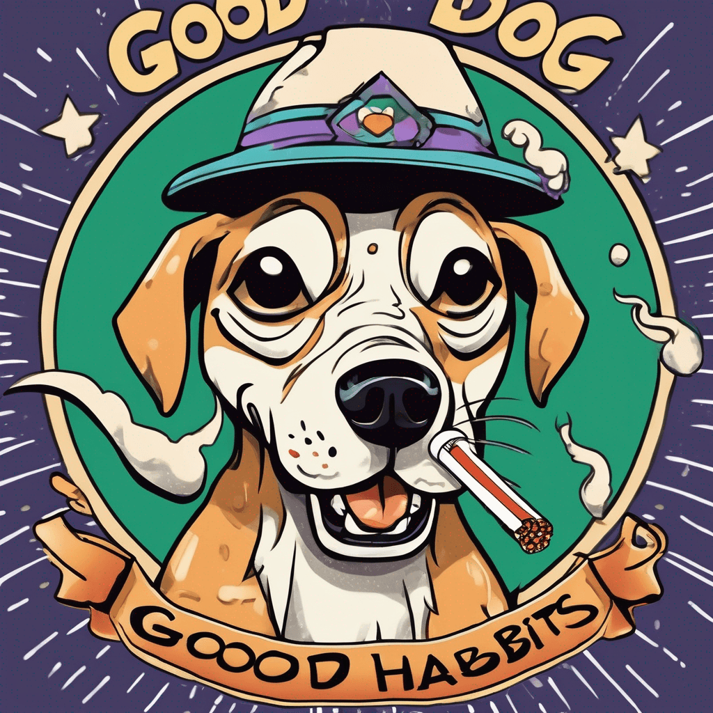 An arm tattoo of a psychedelic cartoon-style dog with a mischievous grin, smoking a cigarette and wearing a hat. The text "GOOD DOG, BAD HABITS" is written above the dog in a bold, handwritten font