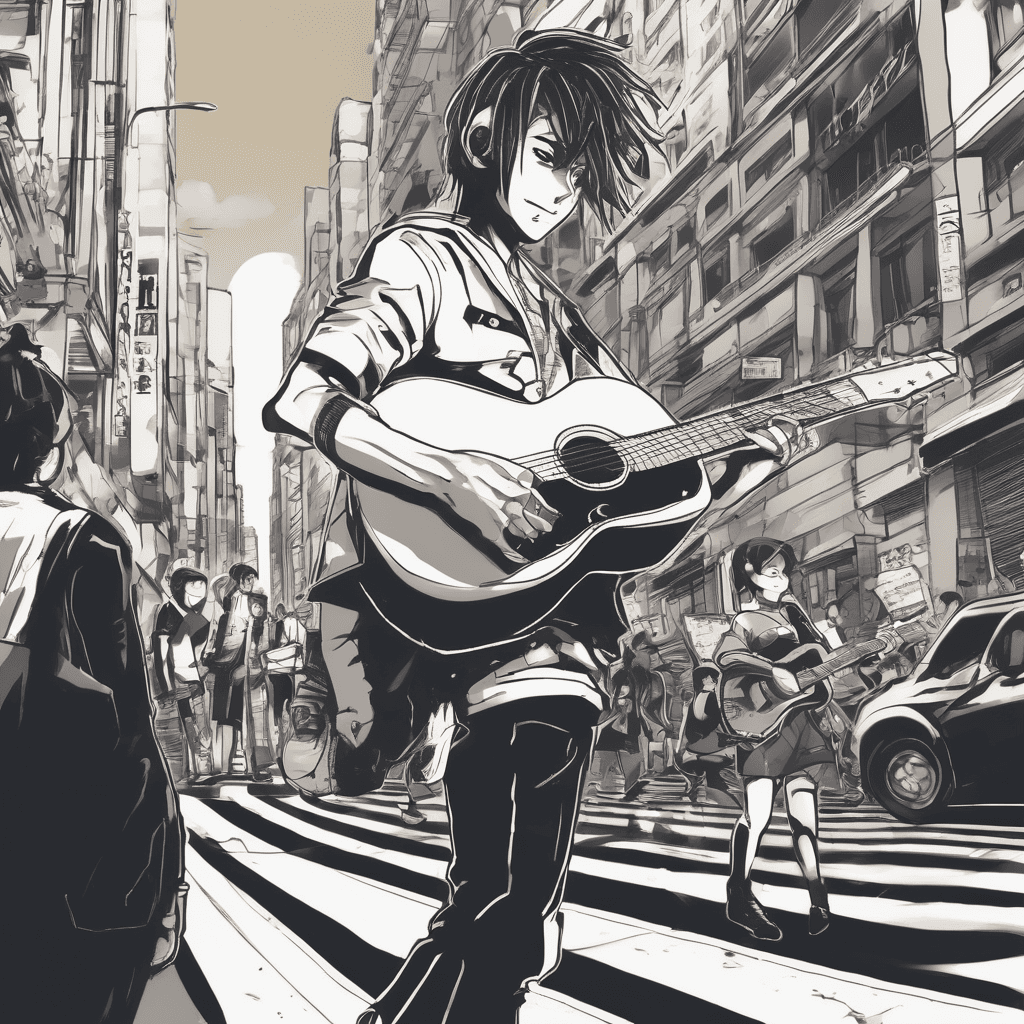 A musician playing guitar on a busy city street.