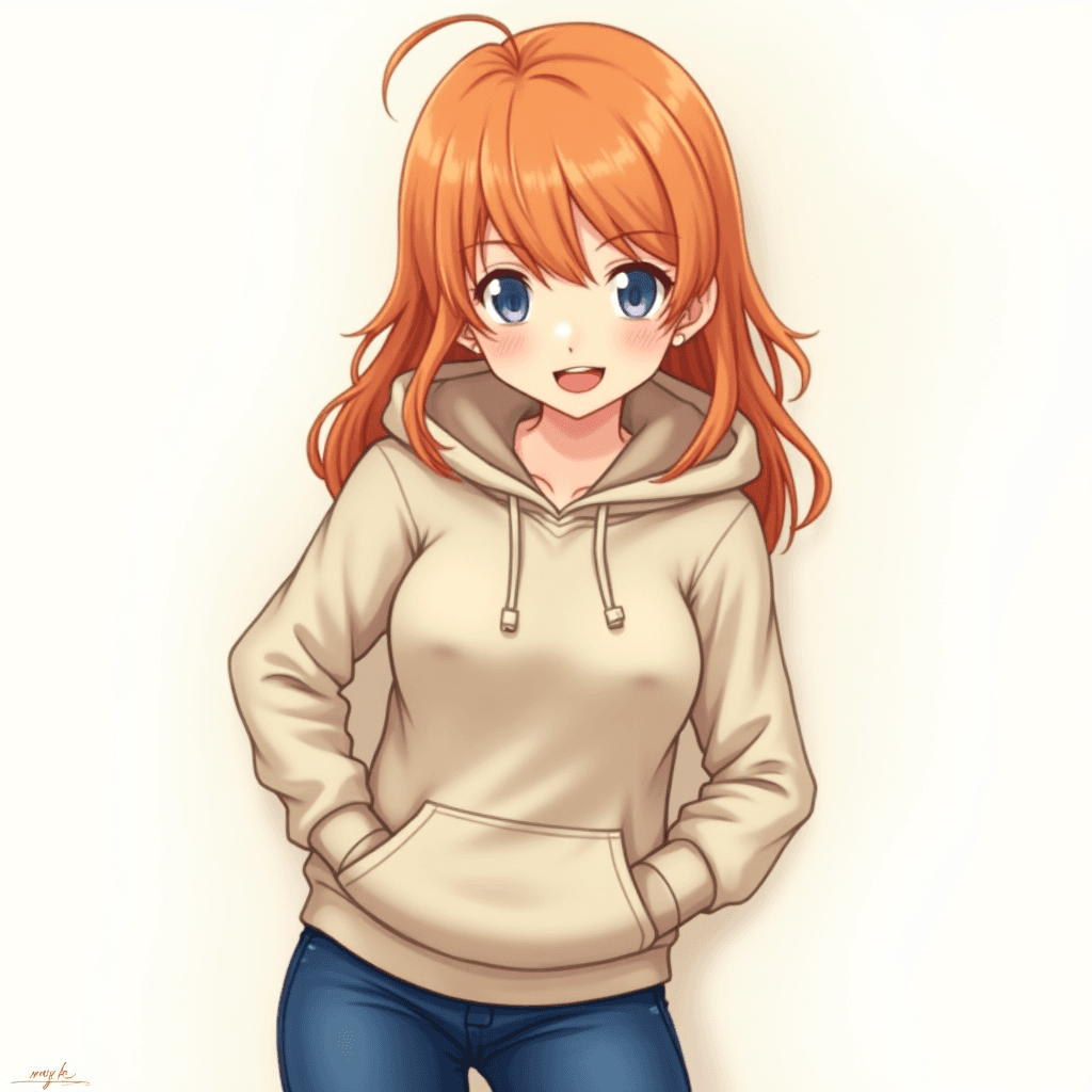 girl, soft smile, red lips, hoodie, jeans, orange hair, small breasts

