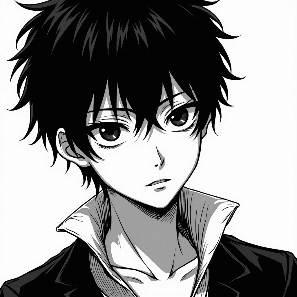 a boy with black eye and cybog left hand , black white color like manga
