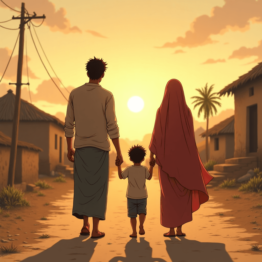 Create an anime-style scene of a poor Indian family—a father, mother, and young boy—walking together side by side on a dusty road outside a rural village. The father walks on one side, the mother on the other, and the young boy holds both their hands as they walk in unison. The family is wearing simple, worn clothes, and the background shows dry fields and village huts with a setting sun casting long shadows. The scene evokes warmth and emotional resilience, with soft, golden lighting typical of anime storytelling.