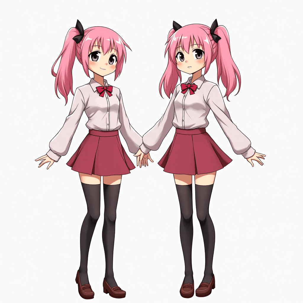 Two girls, both of the same height, with pink ponytails and wearing black stockings