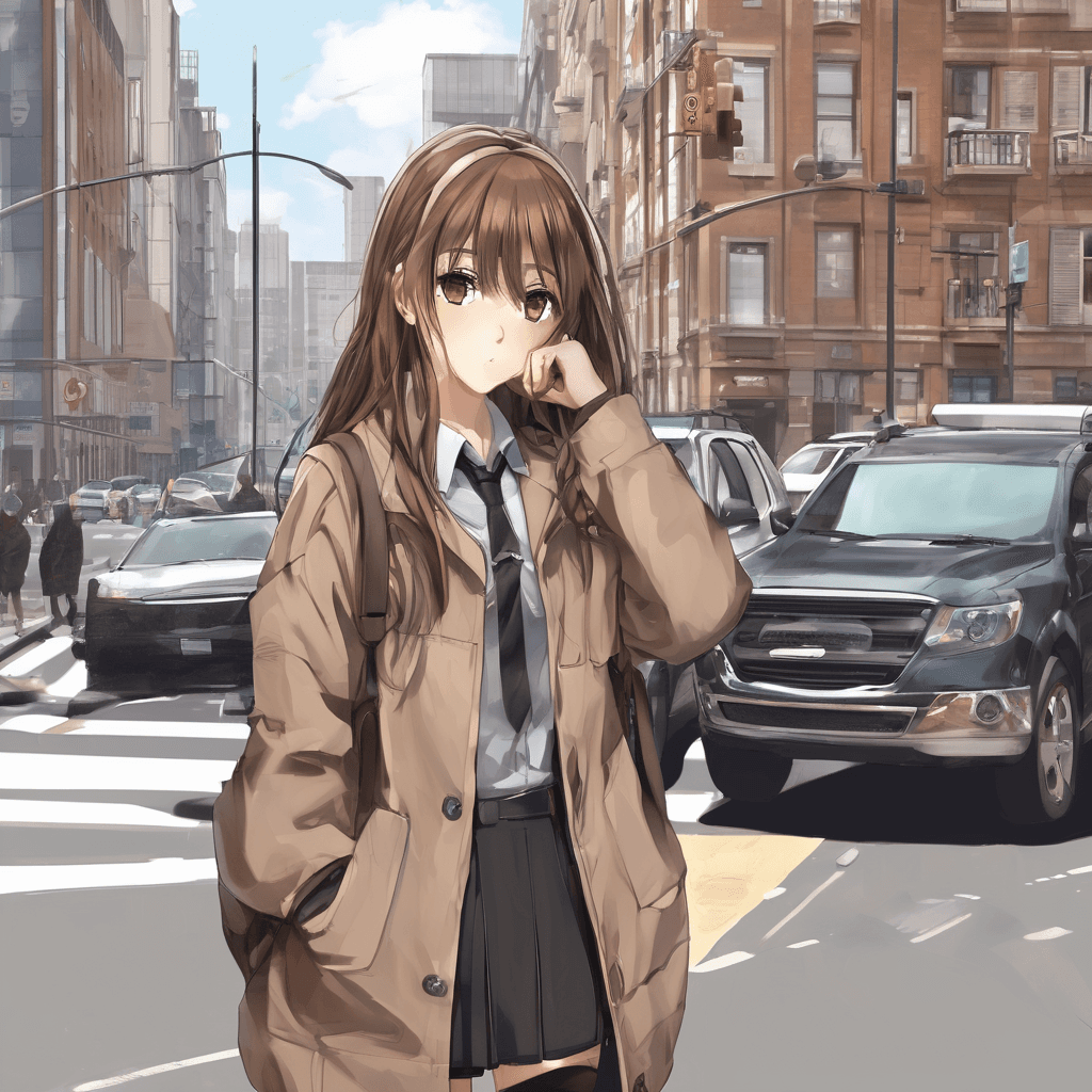 1girl,black_skirt,braid,brown_eyes,brown_hair,building,buttons,car,city,cityscape,coat,crosswalk,day,ground_vehicle,jacket,jacket_on_shoulders,lamppost,lips,long_hair,looking_at_viewer,mole,motor_vehicle,outdoors,photo_background,pleated_skirt,power_lines,real_world_location,red_lips,road,skirt,sky,skyscraper,solo,street,town,traffic_light,twin_braids,rating:safe,documentary-style photograph. --ar 9:16 --v 4