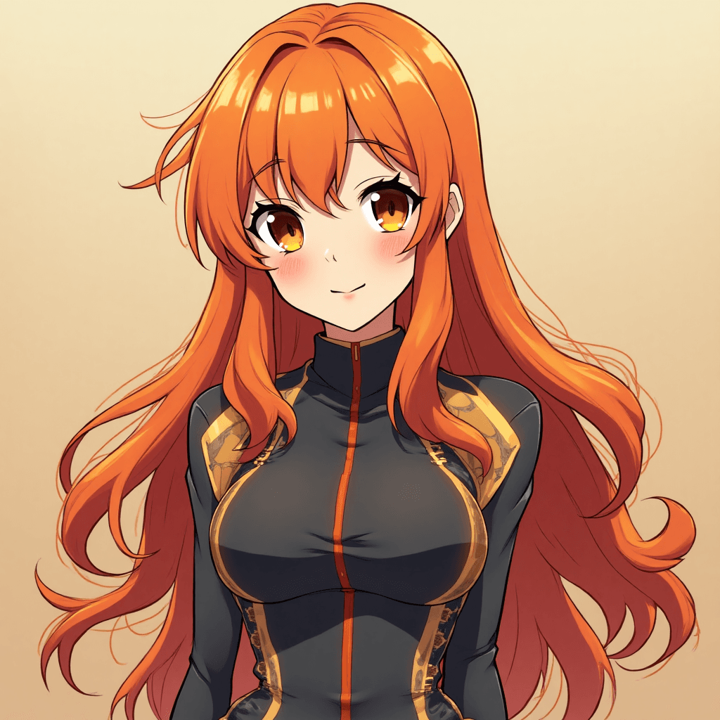 Create a porn pose
 vibrant and joyful female anime character, with a predominance of dark gray #090909 and warm orange #ff6f00 hues, featuring bright orange #ff6f00 long hair that falls in loose, flowing waves down her back, framing her round, cheerful face with a gentle smile, bright brown eyes, and soft, smooth skin with a subtle golden undertone, dressed in a sleek, modern outfit that incorporates both dominant colors, with dynamic folds and creases that convey a sense of movement and energy, set against a subtle, gradient background that shifts from dark gray to a warm, creamy orange, evoking a sense of warmth and optimism.