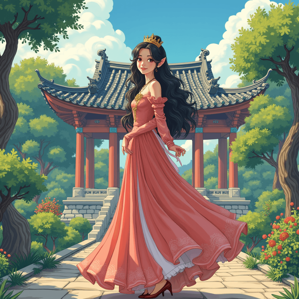 A princess dressed stands in the garden of an ancient palace