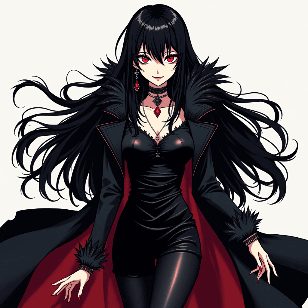 "Create an image of Fuyumi, a slender girl standing around 165 cm tall with long, jet-black hair that flows like silk. She has sharp, captivating eyes, either a fiery red or deep blue, exuding a cold but alluring gaze. Her outfit is a dark, gothic ensemble featuring a long coat, accessorized with necklaces, bracelets, and spooky earrings. She exudes confidence and strength, with a striking style that includes feathered collars and cuffs on her coat, adding a regal and powerful aura. Fuyumi's expression is often cold and challenging, but when she smiles, she appears charming and enigmatic.