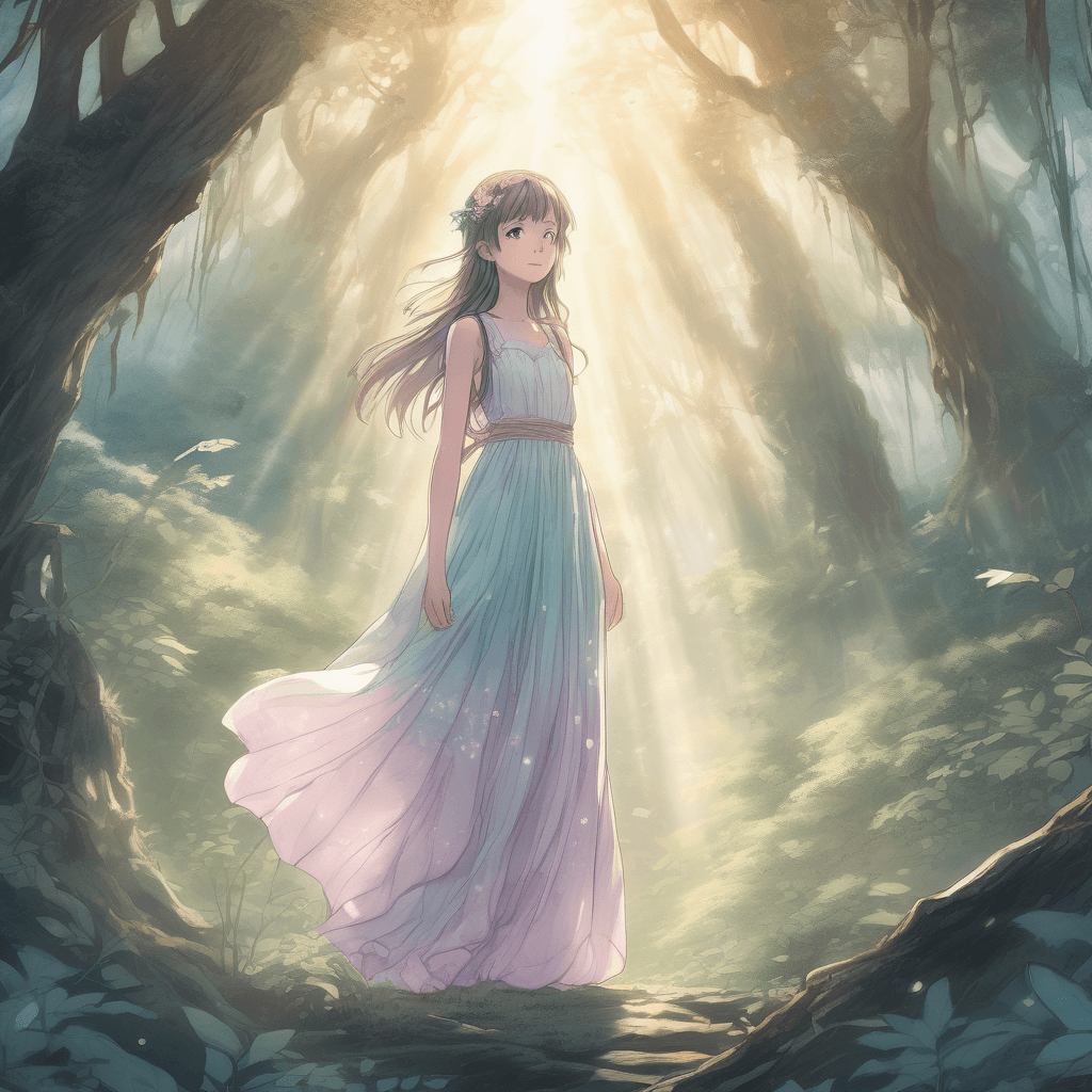 An ethereal young girl standing in the middle of an ancient, enchanted forest. She is wearing a flowing, pastel-colored dress that seems to blend with the mist around her. Sunlight filters through the dense canopy above, casting a magical glow on the scene.