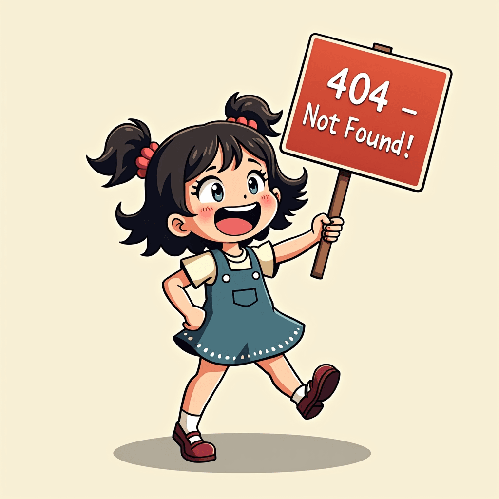 a small girl with a big grin, confident, on their toes, holding a sign that says "404 | Not Found!" illustration