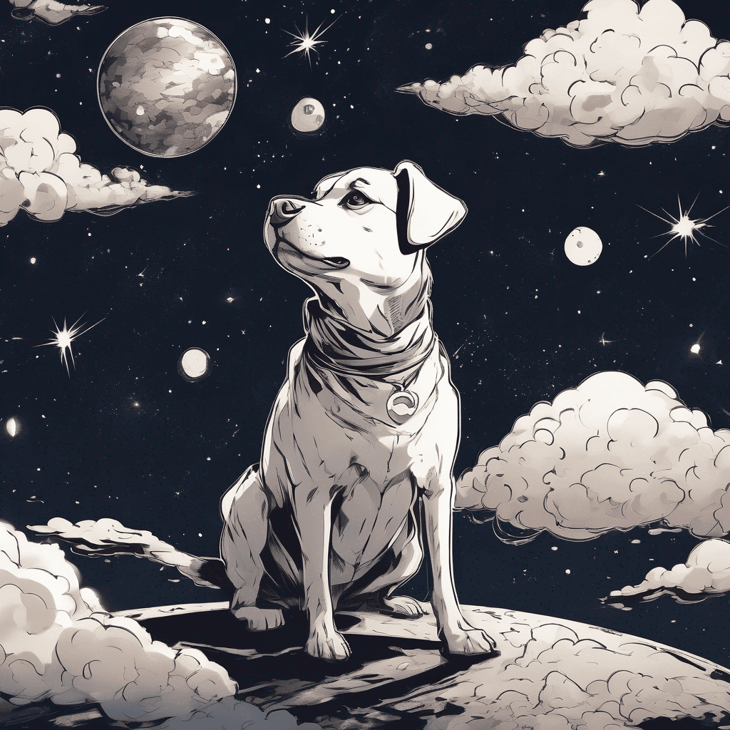 A dog floats in the universe, looking down the earth.