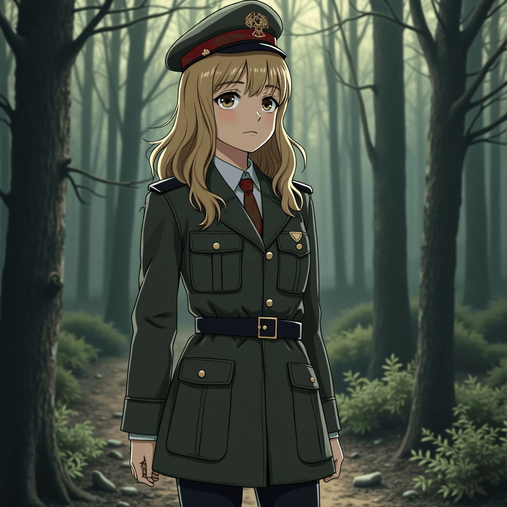 1 women, soviet NKVD officer, in the forest. Anime,