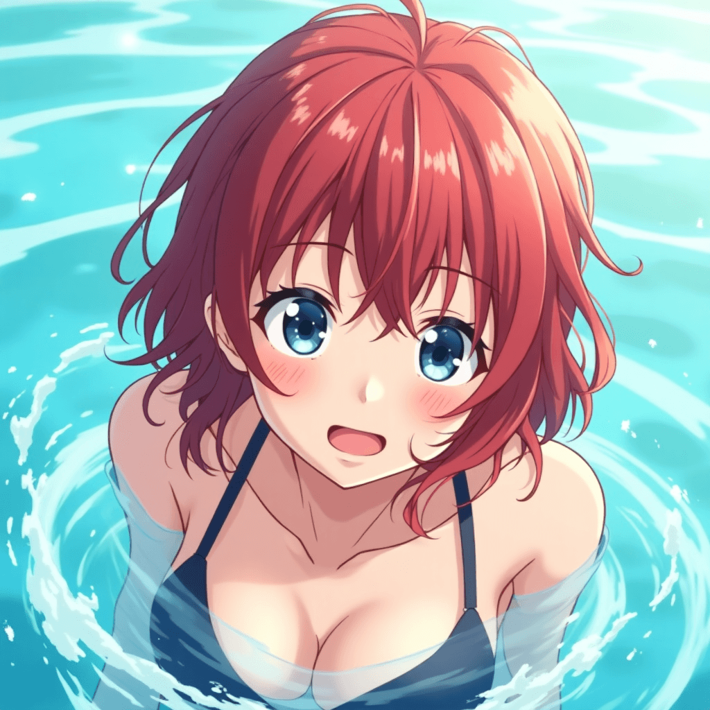 medium-length messy red hair, ends slightly curled, shoulder-length, cold grey-blue eyes, mysterious and detached expression, calm face, kuudere style, view from below, anime style, still sea, laughing, water splashes, bikini, sunlight