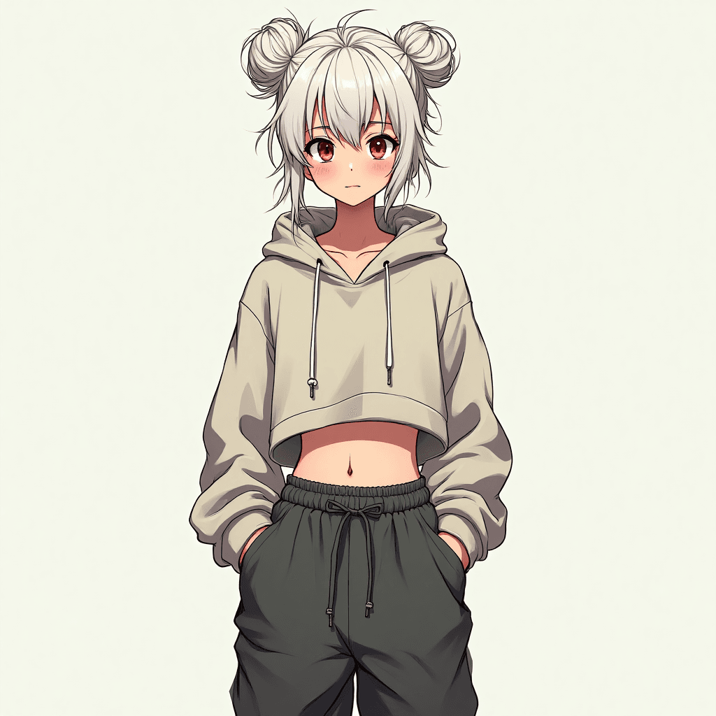 (1girl), (solo), (tall woman), (mid 20s), (slim waist), (slim build), (pretty face), (tired eyes), (red eyes), (messy white hair), (messy bun), (cropped hoodie), (baggy pants), (casual outfit), (urban streetwear), (bare midriff), (modern fashion), (standing pose), (hands in pockets), (confident expression), (8k), (ultra detailed), (high resolution), (cell shading), (anime style), (detailed background), (realistic lighting), (dynamic composition), (soft shadows), (vibrant colors), (cinematic lighting), (cool palette), (full body), (sharp lines), (beautiful girl), (young adult), (natural pose)