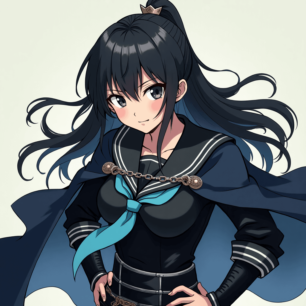 japanese anime style female teenage samurai wearing black sailor suit with cyan cravat chained defeated wearing dark blue and a cape black hair heavy armor  defeated   painful