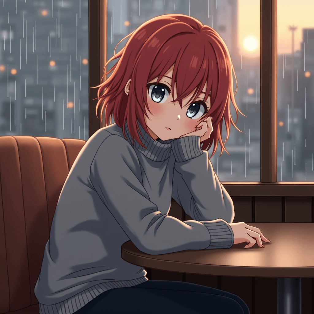 1girl, red shoulder-length messy hair, slightly curled at ends, cold gray-blue eyes, wearing a casual gray turtleneck sweater, simple black pants, sitting at a small coffee shop table, resting chin on hand, window view behind her, rainy evening, soft warm lights reflecting on her face, detached gaze, neutral expression, kuudere feel