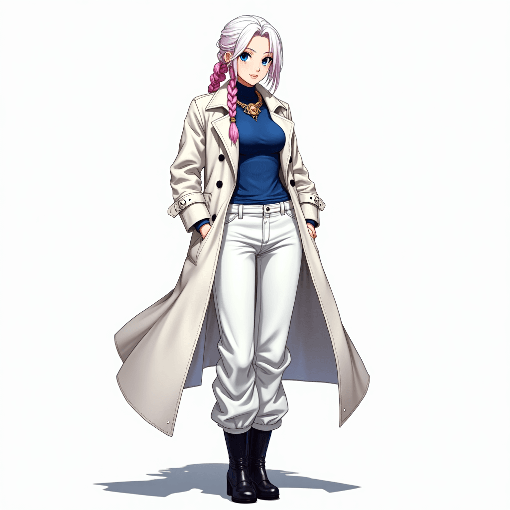 A 26 year old female anime character wearing a white trench coat, blue spandex and white baggy jeans. She has slicked white hairs with pink intricated braids. She has beautiful blue eyes. She is also wearing high top black boots. She has eye covering bangs. She is wearing a ornate necklace with beautiful geometry.