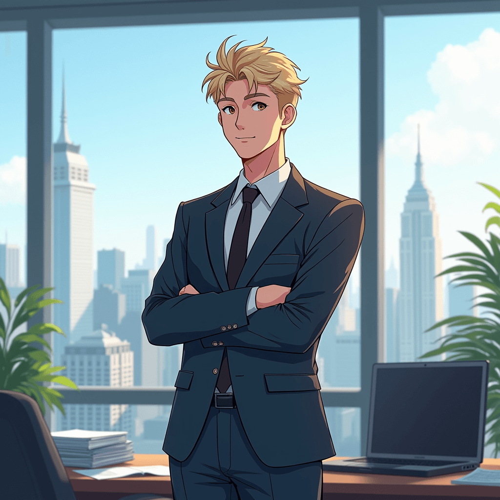 best quality, masterpiece, ultra-detailed, illustration,1 male, adult, short hair, cosmic eyes (brown cosmic), blonde hair, slight smile, polite expression, worker suit, professional attire, well-fitted suit, tie, standing posture, confident stance, office background, modern office setting, glass windows, cityscape view, natural lighting, clean and organized desk, computer, papers, briefcase, professional demeanor, focus, determination, high-rise building, skyline, blue skies, subtle lighting effects