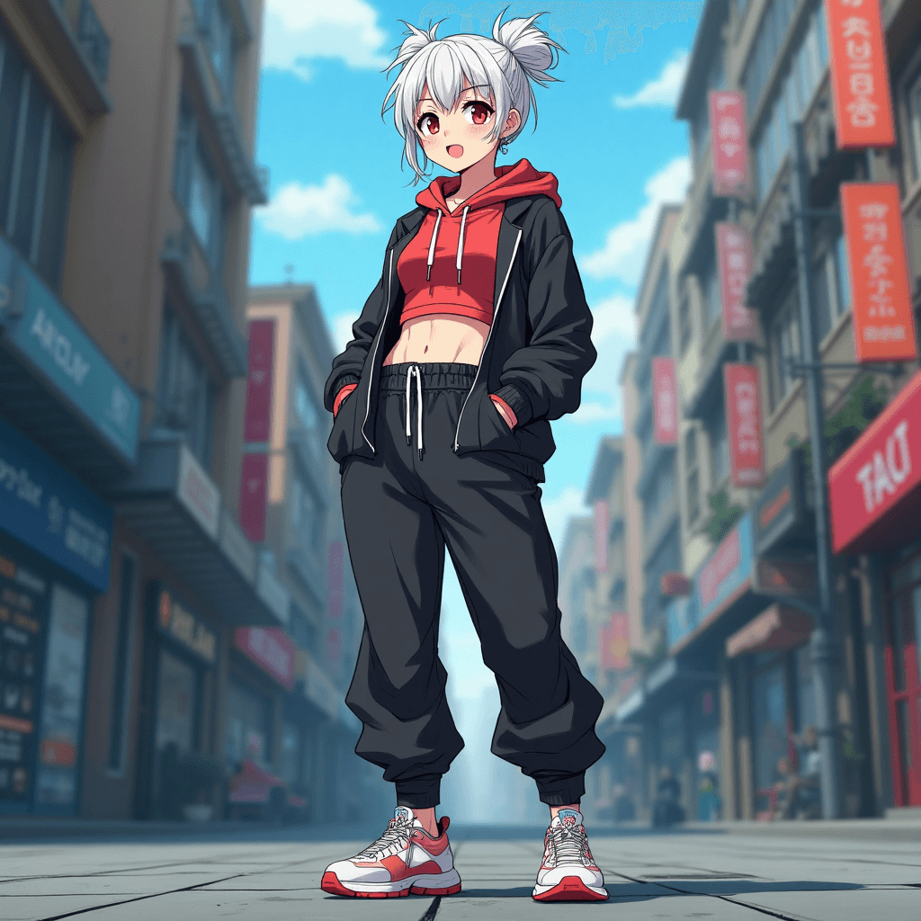 (1girl), (solo), (tall woman), (mid 20s), (slim waist), (mature body), (long legs), (athletic build), (adult proportions), (natural bust), (mature face), (tired red eyes), (pale skin), (white messy hair), (messy bun), (pretty), (soft jawline), (cropped hoodie), (baggy pants), (bare midriff), (modern streetwear), (confident expression), (hands in pockets), (full body), (standing pose), (anime style), (cell shaded), (8k), (ultra detailed), (high resolution), (sharp lineart), (soft shadows), (dynamic lighting), (realistic anatomy), (no child), (no loli), (no small body), (no flat chest), (no chibi), (mature look), (young adult), (urban background), (cool color palette), (cinematic lighting), (vibrant colors)