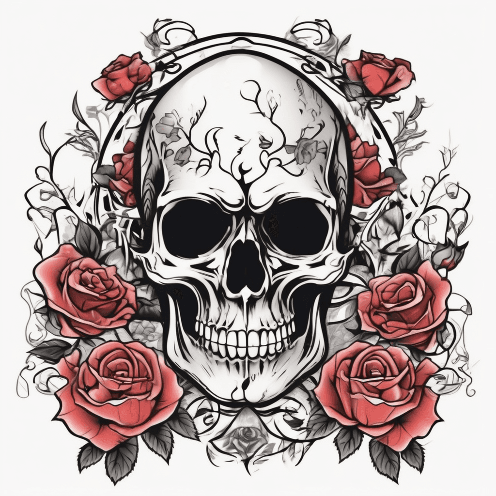 a skull surrounded by roses, style of American Traditional tattoos, isolated on a white background