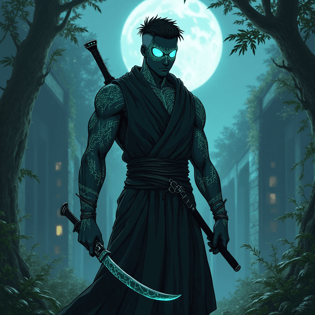 Create an anime-style male character standing in the shadows of a futuristic jungle city under moonlight. He is a mysterious seer-warrior around 19 years old, with deep obsidian skin, glowing teal tattoos running across his arms and neck, and one cybernetic eye covered by a tribal mask with a holographic pattern. He wears layered dark robes infused with fiber-optic threads that shimmer faintly, and carries a curved blade with glowing circuits etched into the metal. His hair is short and twisted, with shaved sides and metallic rings attached. The character gives off a calm, enigmatic aura — part prophet, part assassin. His body posture is composed and slightly tilted, suggesting awareness of hidden danger. The setting behind him is a foggy forest mixed with ruins and glowing plants, showing a strong contrast of ancient and hyper-tech.