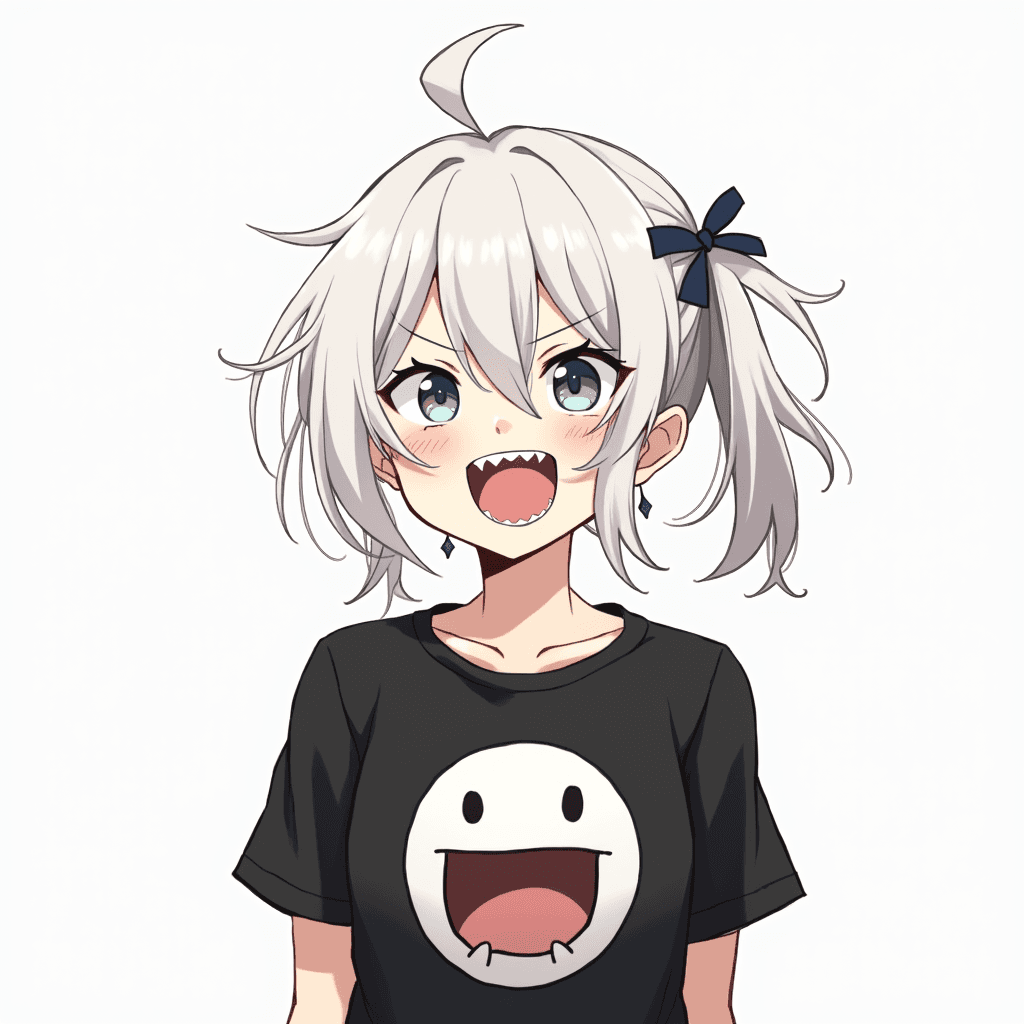 An anime-style girl with messy white hair that covers their eyes and is tied back in a loose ponytail. The character is smiling widely, showing sharp teeth. They are wearing a black short-sleeved shirt featuring a large circular logo with a similar wide-mouthed face on it. The character's expression is playful and mischievous, with a simple background that keeps the focus on the character