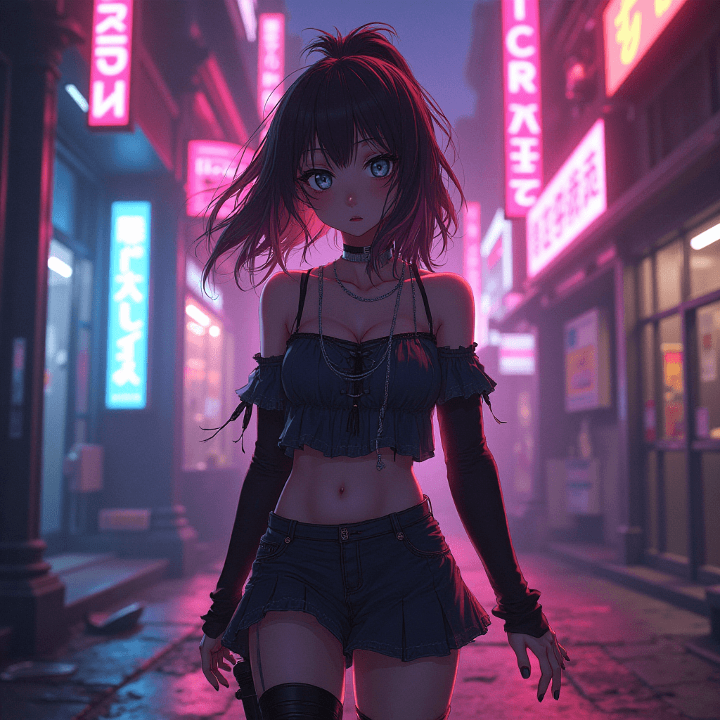 dreamlike, cyberpunk, neon lights, realistic anime, dynamic composition, fully rendered