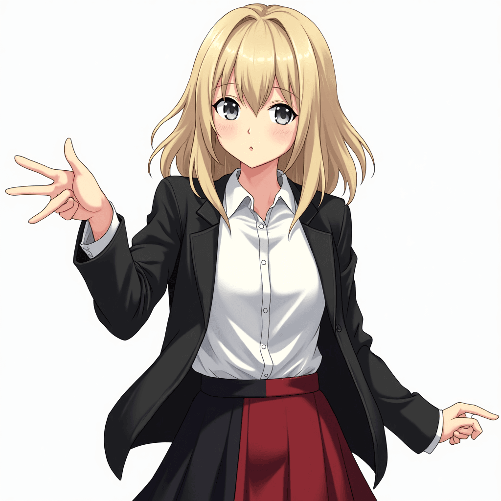 A woman with grey eyes, blond hair, pale skin. dressed in black jacket, white button up collared shirt, red and black skirt. T-pose facing camera