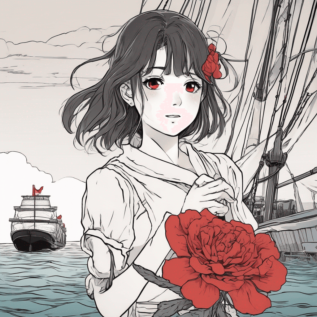 A girl with red flower in hand on a ship in sea