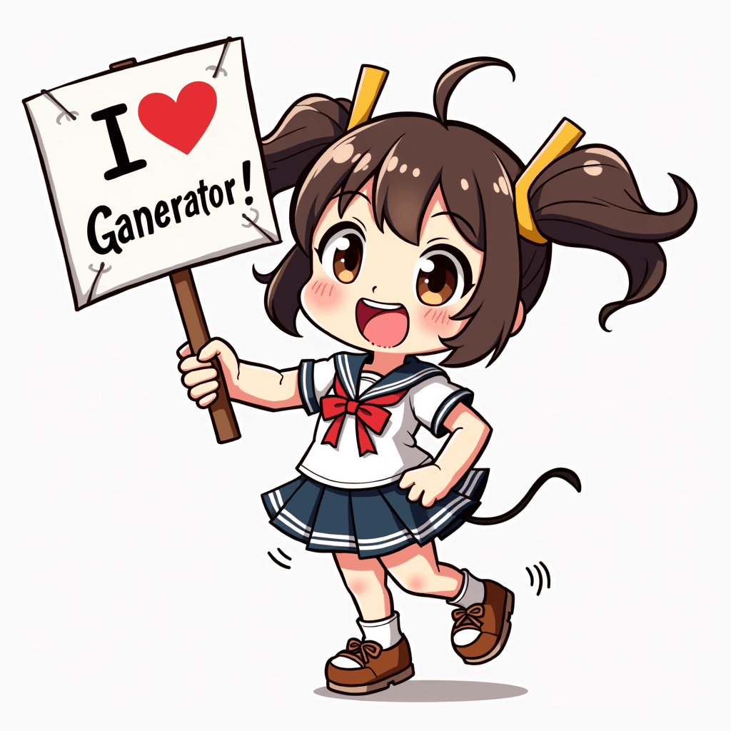 a small girl with a big grin, confident, on their toes, holding a sign that says "I Love AI Anime Generator!" frstingln illustration