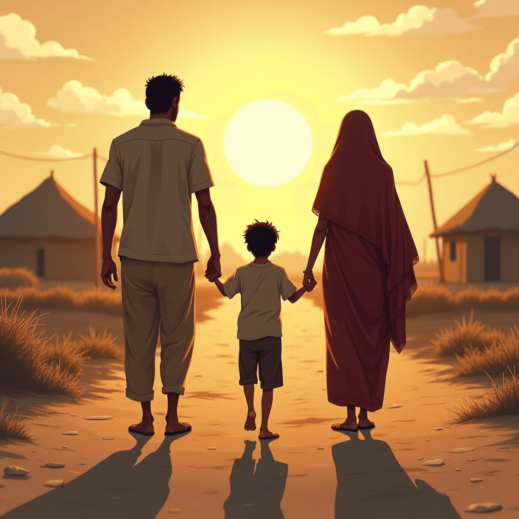 Create an anime-style scene of a poor Indian family—a father, mother, and young boy—walking together side by side on a dusty road outside a rural village. The father walks on one side, the mother on the other, and the young boy holds both their hands as they walk in unison. The family is wearing simple, worn clothes, and the background shows dry fields and village huts with a setting sun casting long shadows. The scene evokes warmth and emotional resilience, with soft, golden lighting typical of anime storytelling.