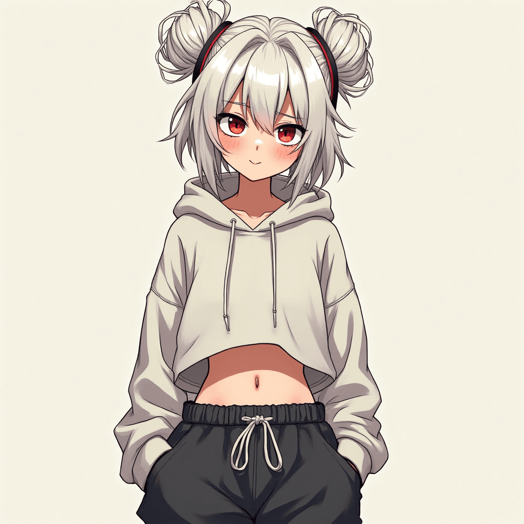 1girl,skinny waist,white hair,tired,tall,mid 20s,red eye,messy bun hair,8k,full detail,pretty,cell shade,baggy pants,croptop hoodie
