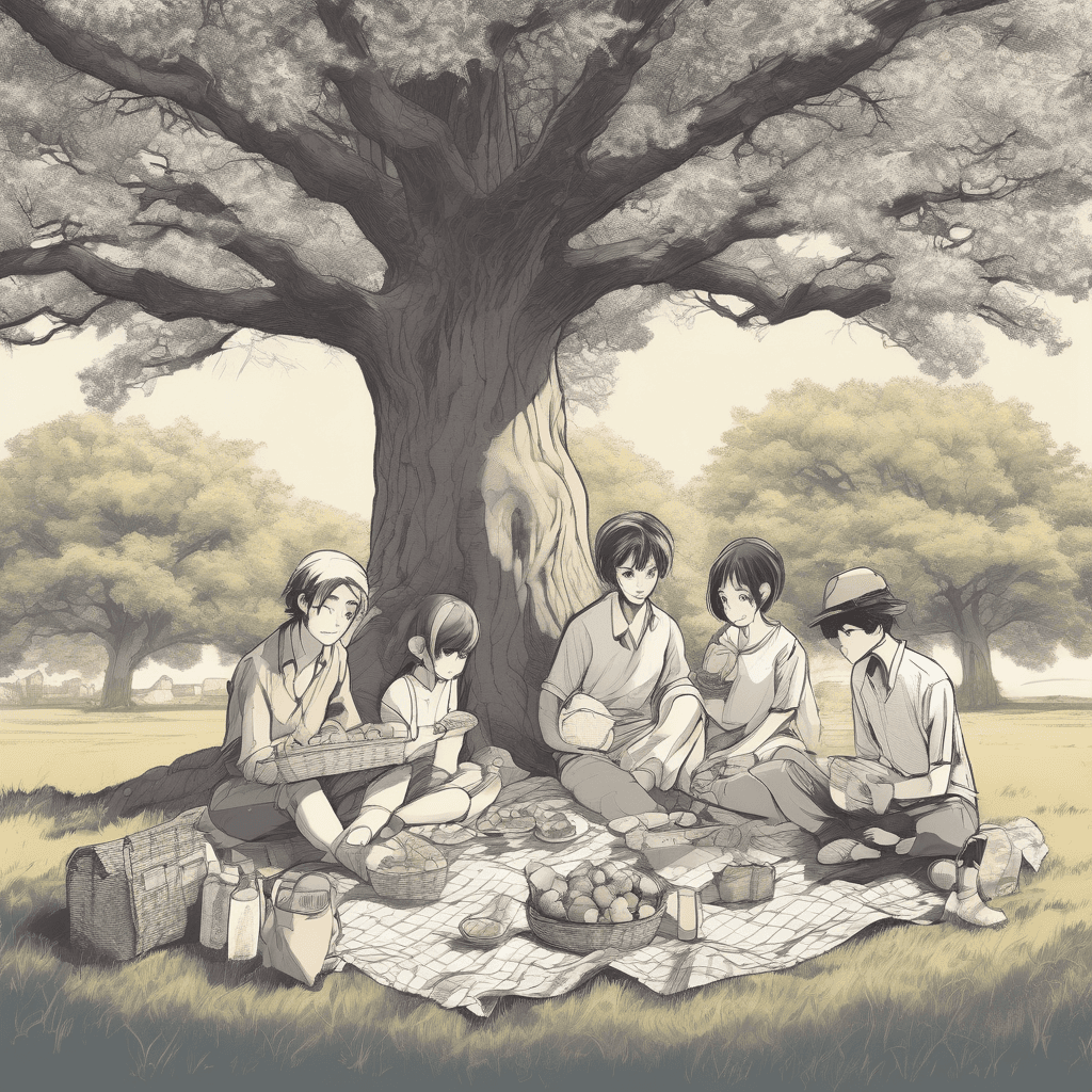 A family having a picnic under a large oak tree.