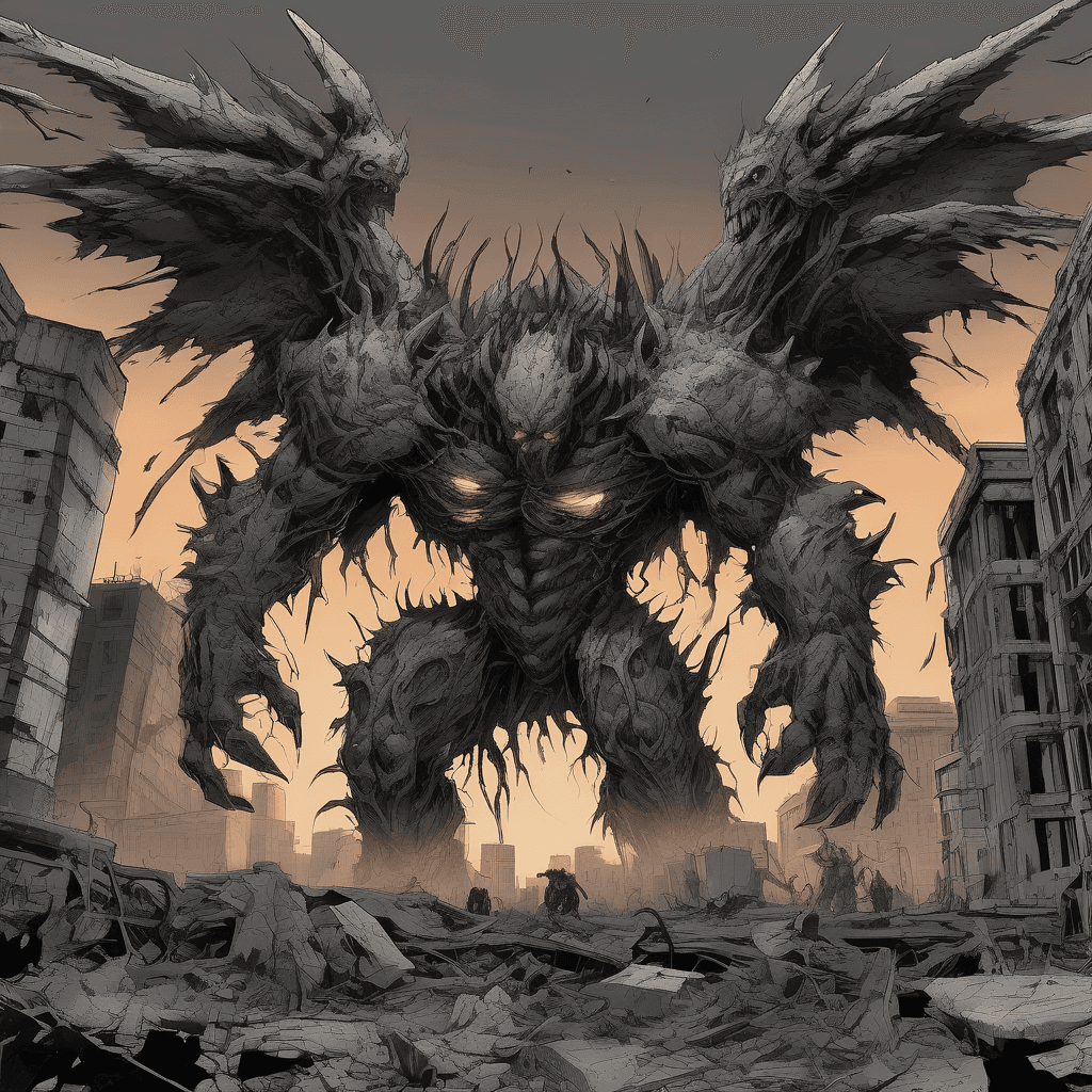 In the heart of a desolate, post-apocalyptic city, a gargantuan monster roams the ruins. Its body is a twisted amalgamation of metal and flesh, with glowing, pulsating veins of energy running through its form. The creature has multiple heads, each with a different fearsome expression, and its massive wings, made of tattered steel and bone, cast ominous shadows on the crumbling skyscrapers. The ground trembles with each step it takes, and abandoned vehicles and debris are scattered in its path. The sky above is a murky, toxic green, adding to the scene's eerie and dystopian atmosphere. The monster's presence is both terrifying and mesmerizing, a symbol of nature's wrath and humanity's downfall.