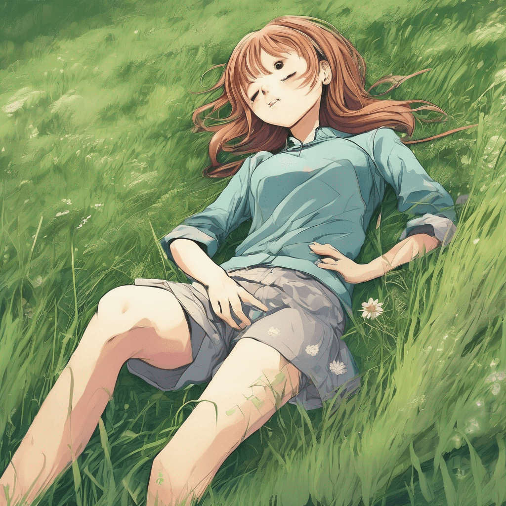 a girl lying in the grass land