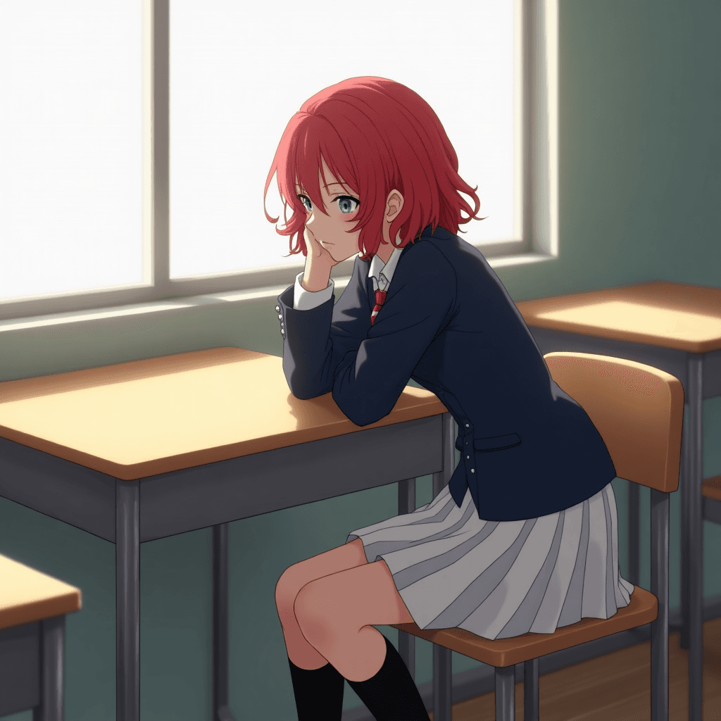 1girl, red shoulder-length hair with messy curls at the ends, wearing classic Japanese school uniform, white shirt with dark navy blazer, short pleated skirt, black knee-high socks, sitting at an empty classroom desk, resting her head on one hand, cold gray-blue eyes looking outside the window with a detached expression, soft sunlight streaming in, kuudere vibe, anime style