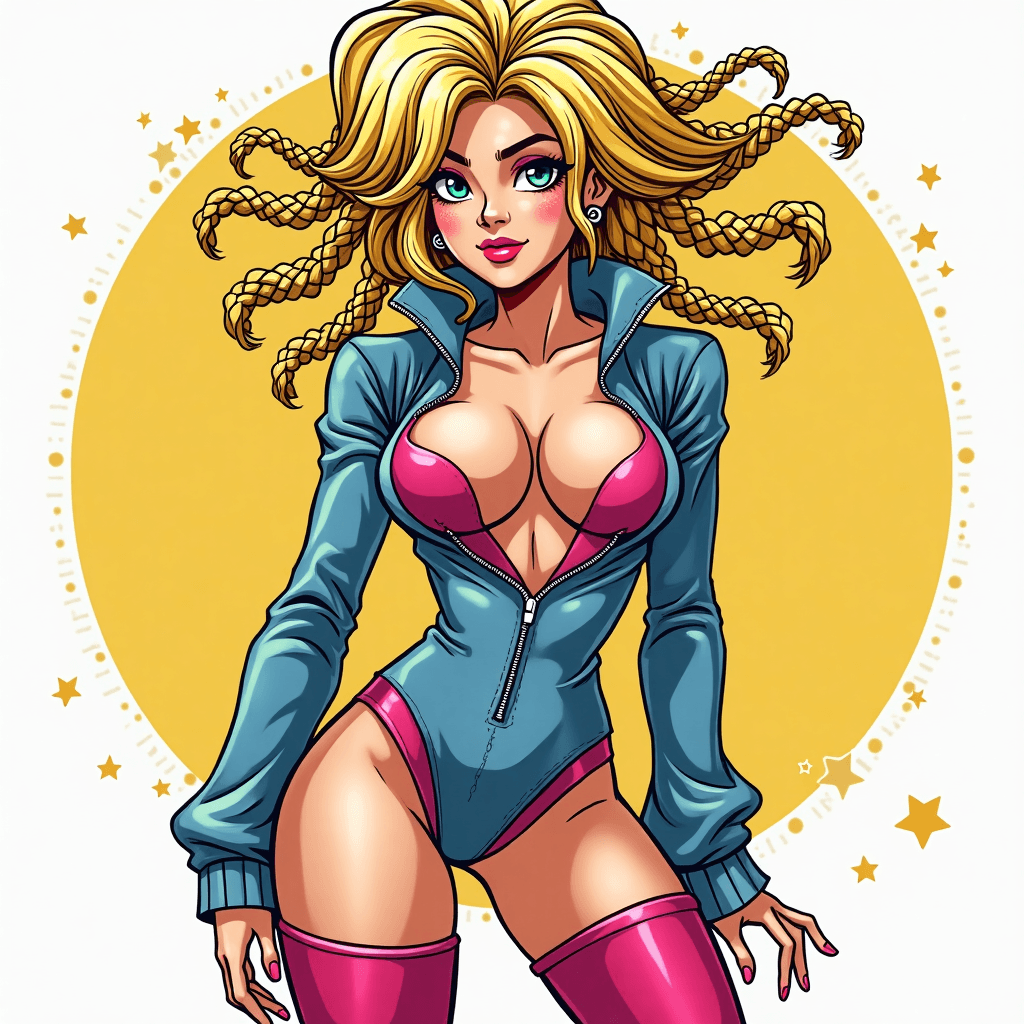 cartoon charachture graffitti art blonde multicolored microbraided hair female with green eyes revealing extra large cleavage and tight pink and blue outfit with matching shoes 