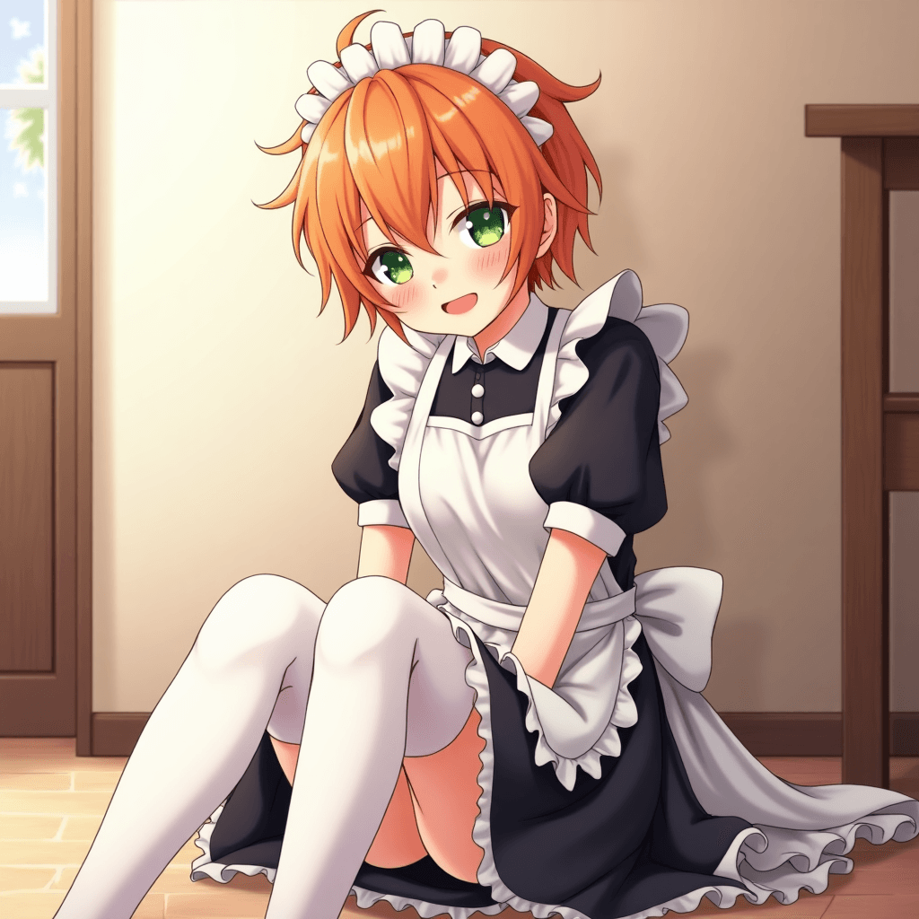 A boy with short, messy orange hair and green eyes is depicted in an anime style. He is wearing a classic maid outfit and thigh-high socks. The setting is indoors, where he is sitting down, smiling and blushing with a cute pose.